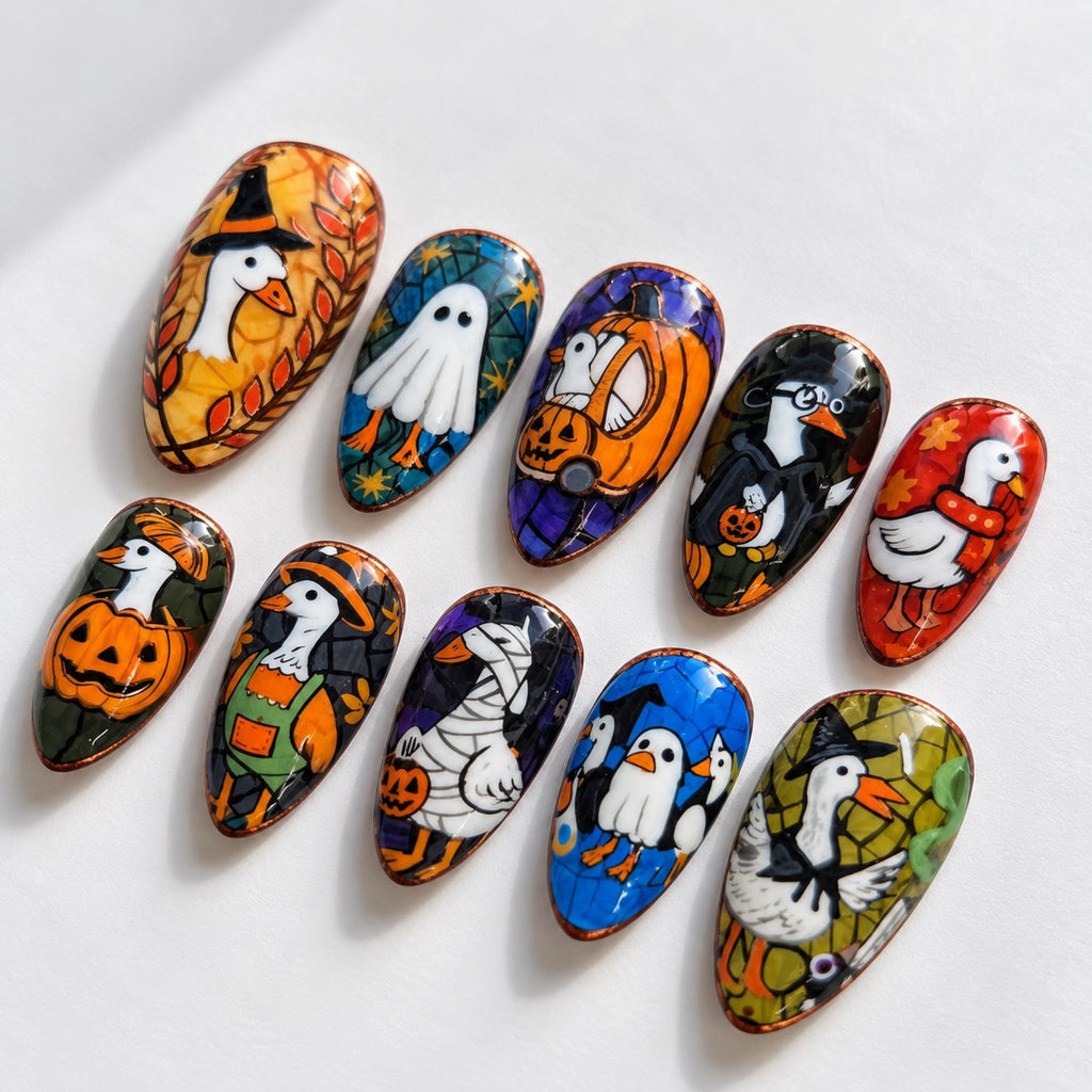 Cute Halloween Press On Nails | Goose Ghost Nail Art | Pumpkin Witch Nails | Colorful Spooky Nails | Handmade Fall Nail Set | JA684U