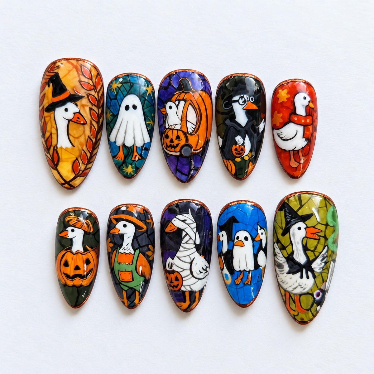 Cute Halloween Press On Nails | Goose Ghost Nail Art | Pumpkin Witch Nails | Colorful Spooky Nails | Handmade Fall Nail Set | JA684U