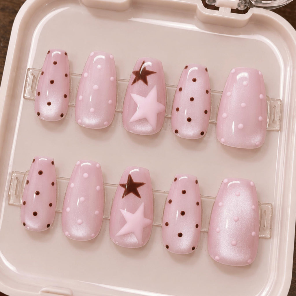 Pink Cat Eye Press On Nails, Brown Polka Dot Kawaii Nails, Handmade Star Trending Nails