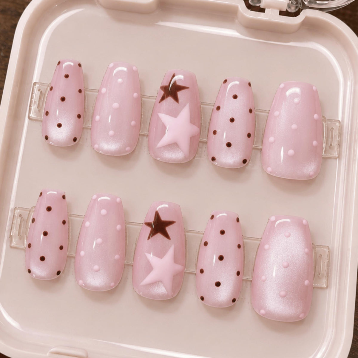 Pink Cat Eye Press On Nails, Brown Polka Dot Kawaii Nails, Handmade Star Trending Nails