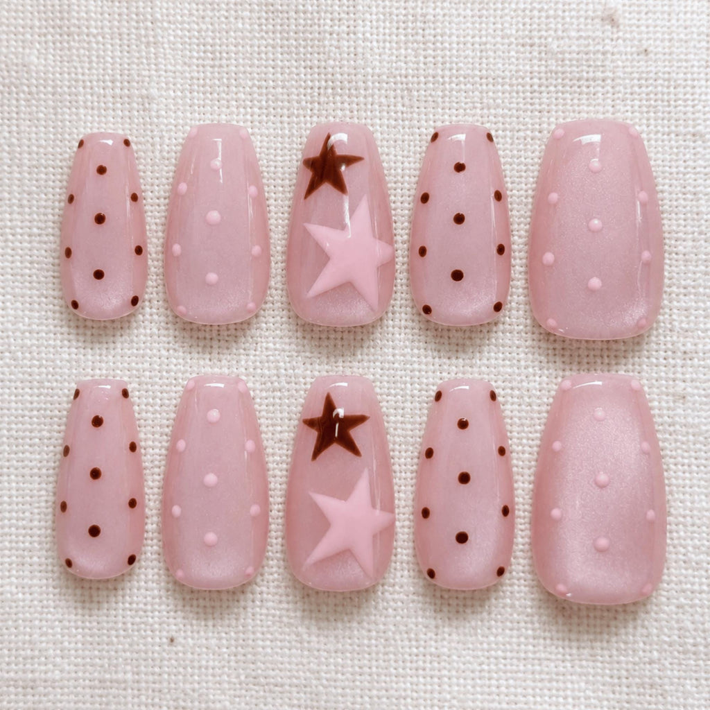 Pink Cat Eye Press On Nails, Brown Polka Dot Kawaii Nails, Handmade Star Trending Nails