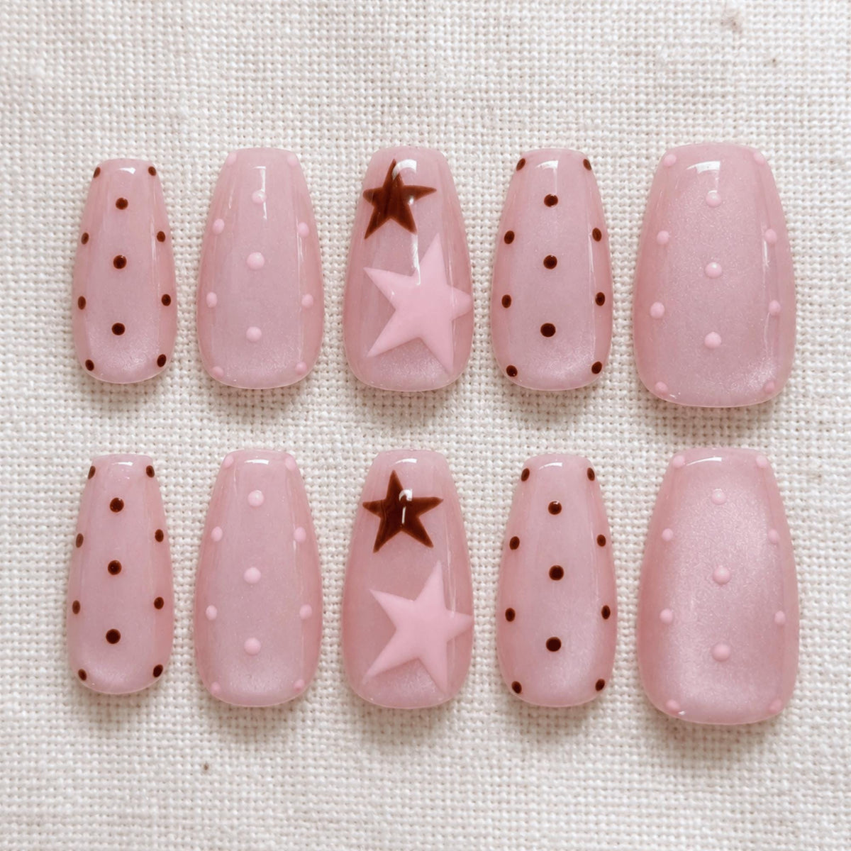 Pink Cat Eye Press On Nails, Brown Polka Dot Kawaii Nails, Handmade Star Trending Nails