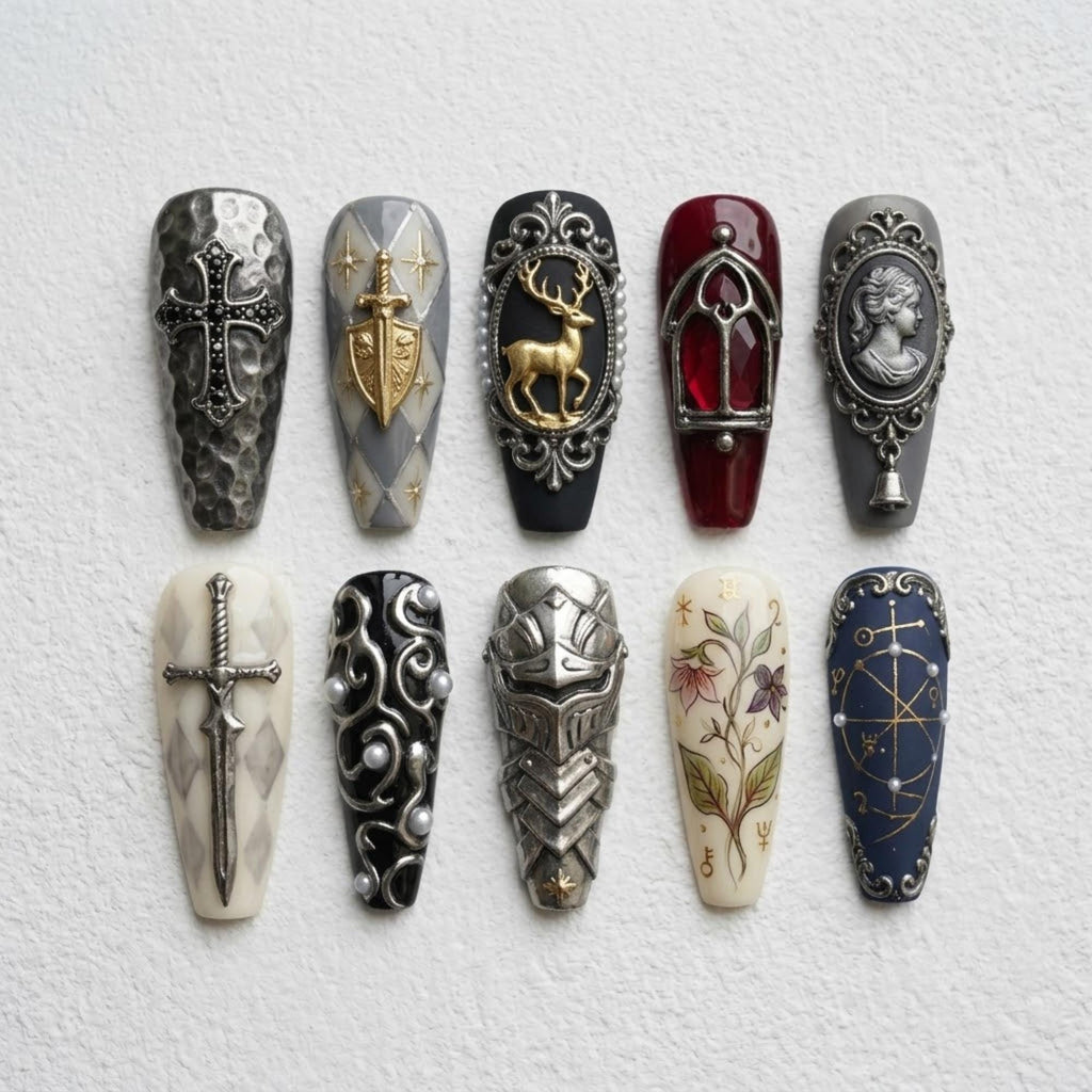 Gothic Medieval Press On Nails, 3D Sword Armor Cross Fake Nails, Stag Cameo Stained Glass Gel Nails, Dark Fantasy Vintage Nails