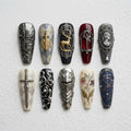 Gothic Medieval Press On Nails, 3D Sword Armor Cross Fake Nails, Stag Cameo Stained Glass Gel Nails, Dark Fantasy Vintage Nails