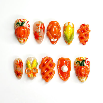 Thanksgiving Fall Press On Nails, 3D Pumpkin Turkey Nails, Autumn Corn Nail Art, Cute Handmade Nails, Thanksgiving Gift for Her JB685LT