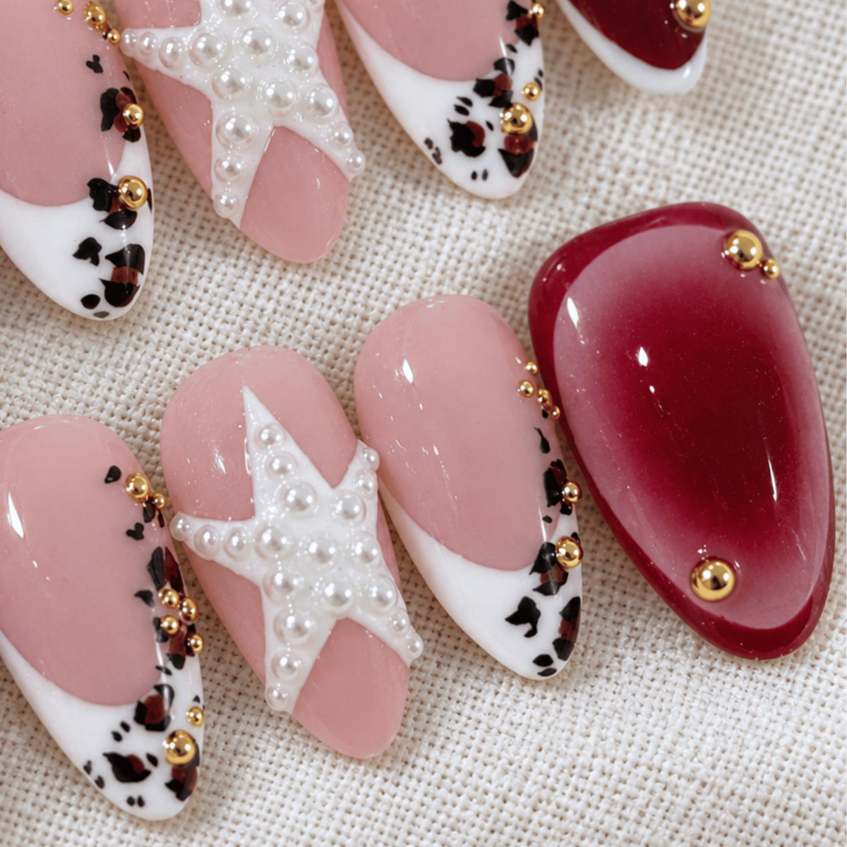 Burgundy Star Press On Nails, Retro French Tip Nail Art, Handmade Leopard Nails