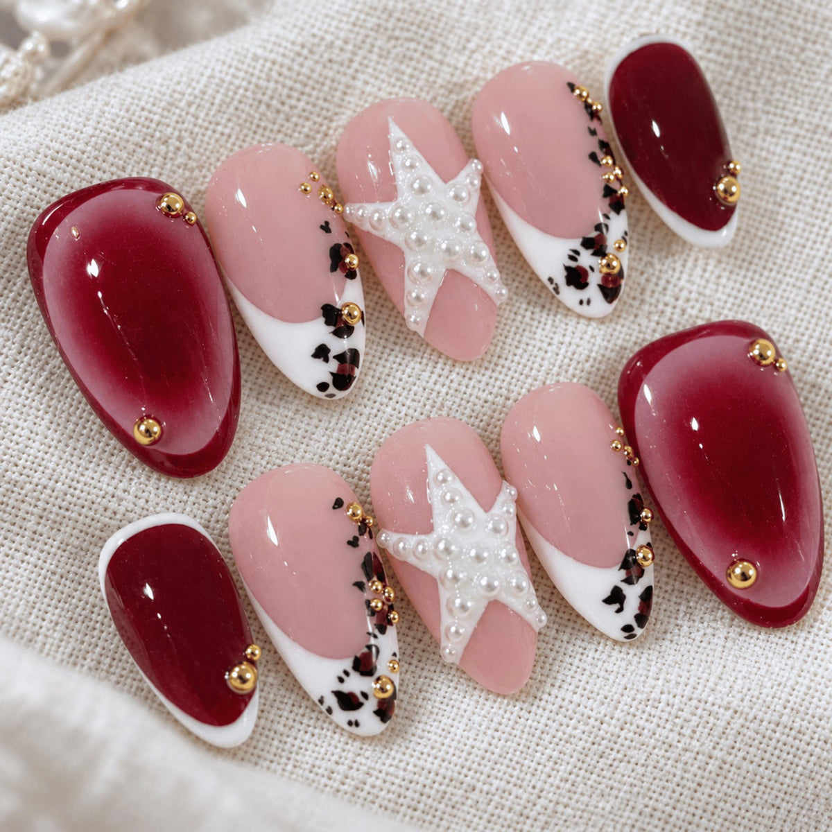Burgundy Star Press On Nails, Retro French Tip Nail Art, Handmade Leopard Nails