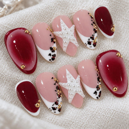 Burgundy Star Press On Nails, Retro French Tip Nail Art, Handmade Leopard Nails