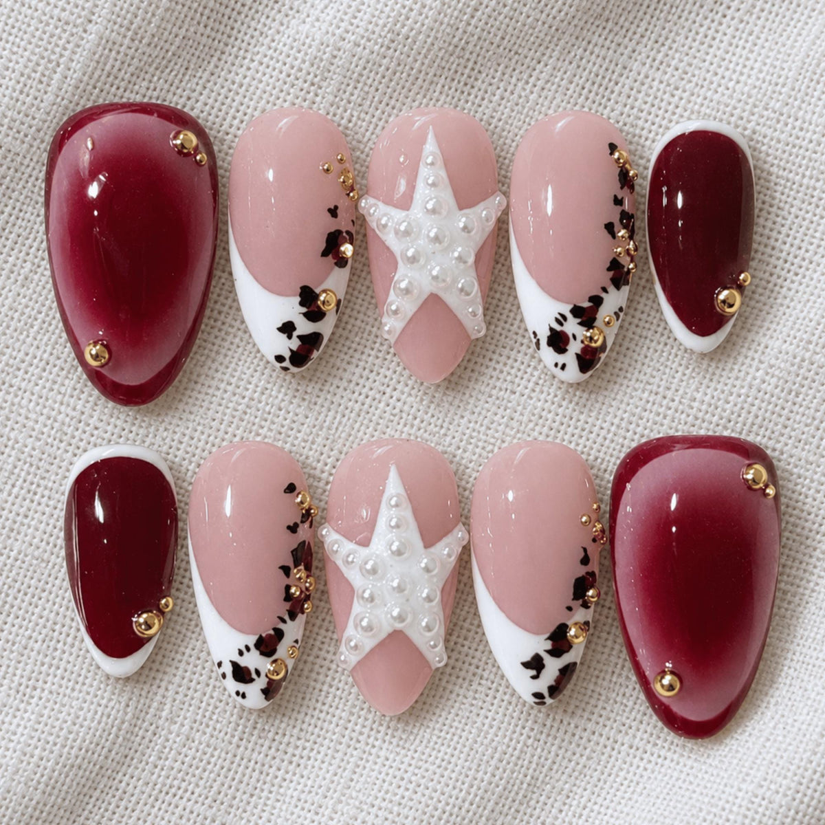 Burgundy Star Press On Nails, Retro French Tip Nail Art, Handmade Leopard Nails