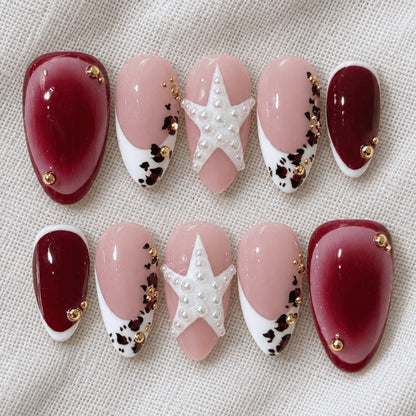 Burgundy Star Press On Nails, Retro French Tip Nail Art, Handmade Leopard Nails
