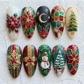 Stained Glass Christmas Press On Nails, 3D Poinsettia Snowman Fake Nails, Snowflake Tree Gel Nails, Vintage Red Green Holiday Nails