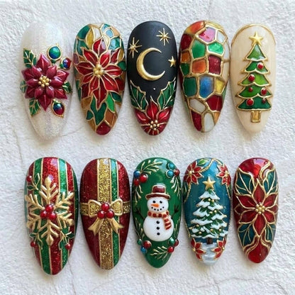 Stained Glass Christmas Press On Nails, 3D Poinsettia Snowman Fake Nails, Snowflake Tree Gel Nails, Vintage Red Green Holiday Nails