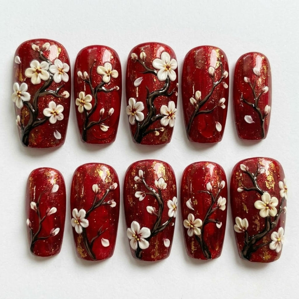 Red Plum Blossom Press On Nails, 3D Floral Branch Fake Nails, Gold Foil Asian Gel Nails, Elegant Lunar New Year Nails