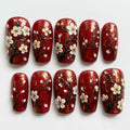 Red Plum Blossom Press On Nails, 3D Floral Branch Fake Nails, Gold Foil Asian Gel Nails, Elegant Lunar New Year Nails