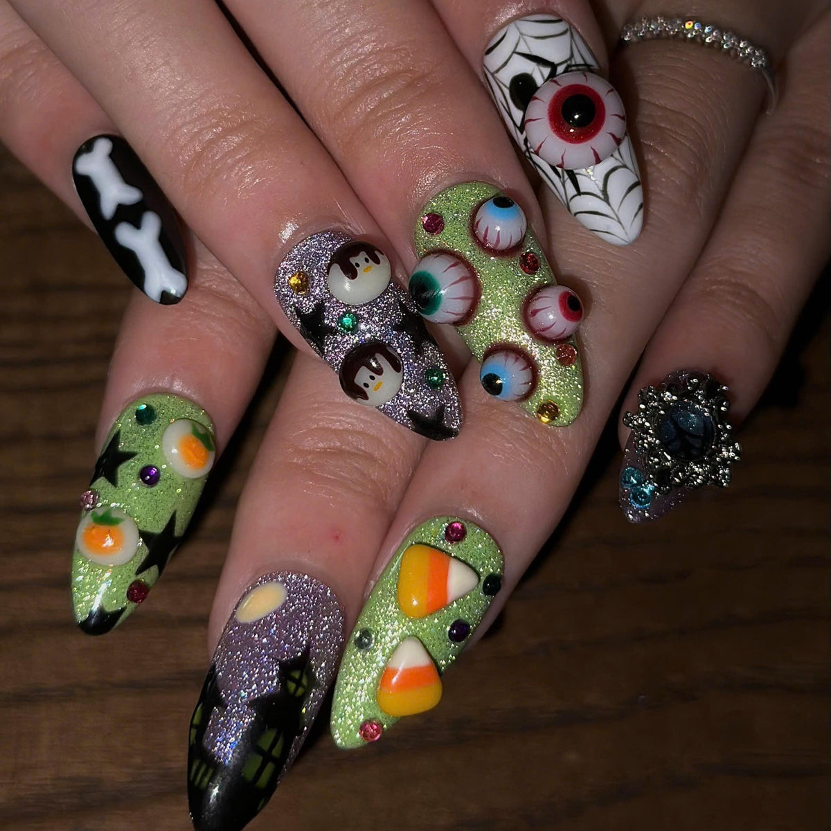 Halloween Press On Nails | 3D Eyeball & Ghost Nail Art | Neon Green Spooky Nails | Pumpkin Spider Web Maximalist Press Ons | JB686UC