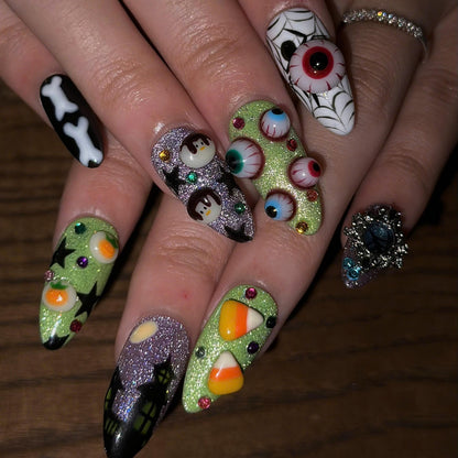 Halloween Press On Nails | 3D Eyeball & Ghost Nail Art | Neon Green Spooky Nails | Pumpkin Spider Web Maximalist Press Ons | JB686UC