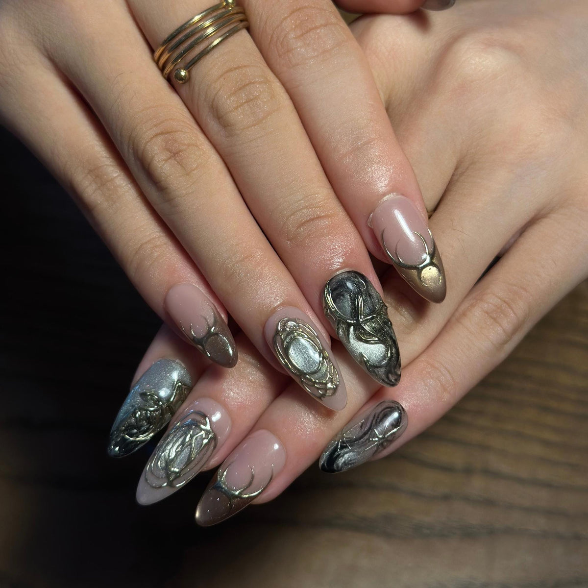 Fall Press On Nails, Brown Gold Nails, 3D Chrome Nails, Luxury Autumn Nail Set ,JB674WC