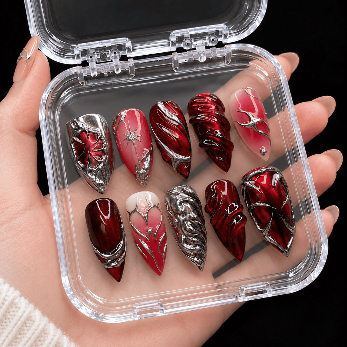 Red Vampire Y2K Press On Nails, Dark Chrome Gothic Heart Nail Art, 3D Silver Metallic Stiletto Nails