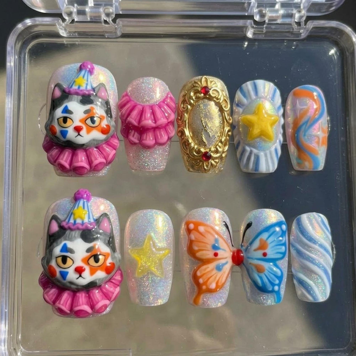 Handmade 3D Circus Cat Press On Nails, Clown Kitty Butterfly Star Mirror, Pastel Holographic Carnival Nail Art