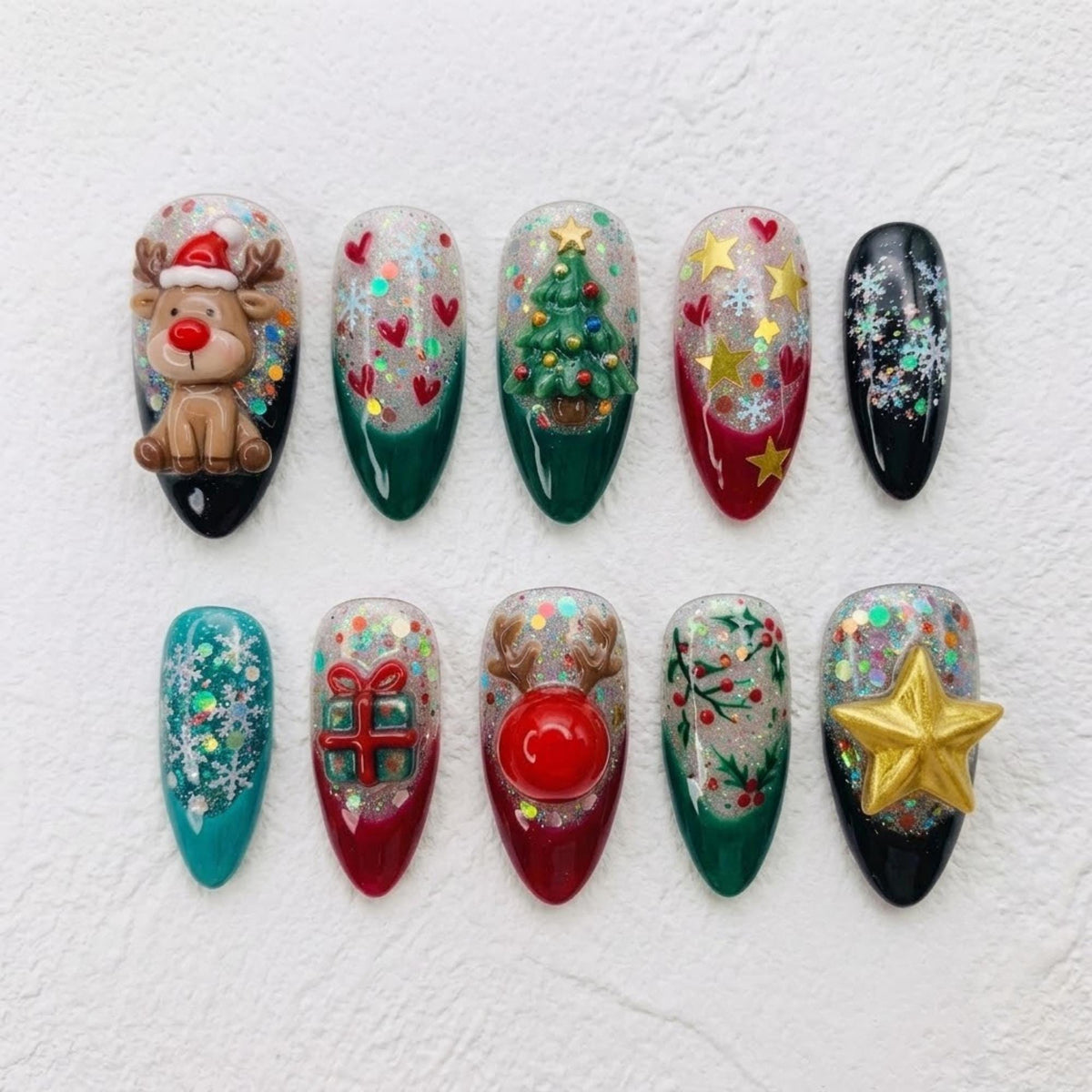 Handmade 3D Christmas Press On Nails, Reindeer Tree Gift Snowflake Star, Glitter Red Green Festive Holiday Nail Art