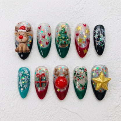 Handmade 3D Christmas Press On Nails, Reindeer Tree Gift Snowflake Star, Glitter Red Green Festive Holiday Nail Art