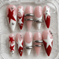 Burgundy Star Press On Nails, Y2K Futuristic Nail Art, Punk Chrome Fake Nails