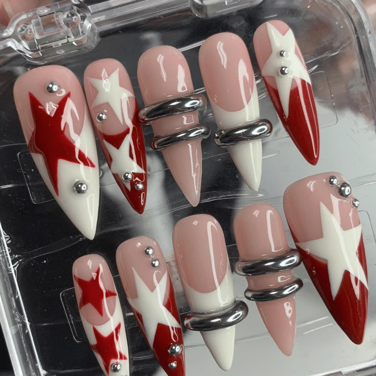 Burgundy Star Press On Nails, Y2K Futuristic Nail Art, Punk Chrome Fake Nails