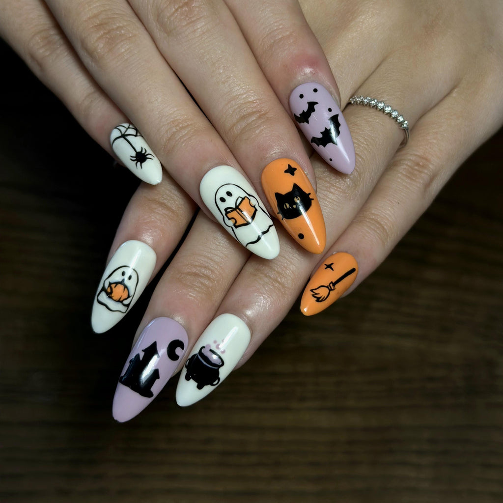 Cute Halloween Press On Nails | Goose Ghost Nail Art | Pumpkin Witch Nails | Colorful Spooky Nails | Handmade Fall Nail Set | JA684U