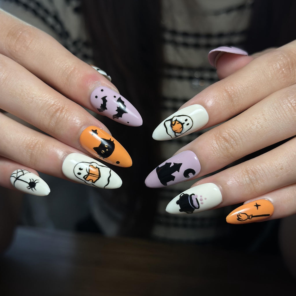 Cute Halloween Press On Nails | Goose Ghost Nail Art | Pumpkin Witch Nails | Colorful Spooky Nails | Handmade Fall Nail Set | JA684U