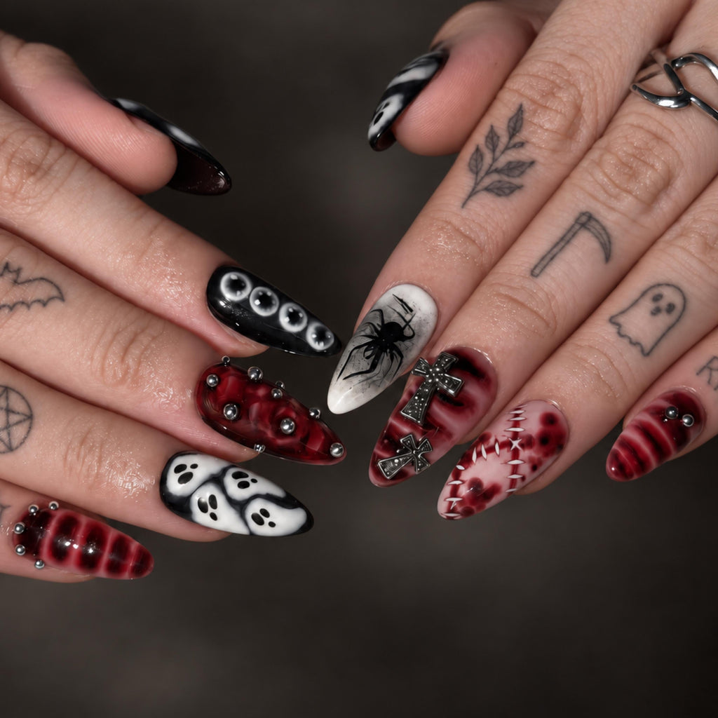 Halloween Press On Nails | Ghost Spider Web Nails | Red Black Gothic Cross | Spooky 3D Nail Art | JB680UC