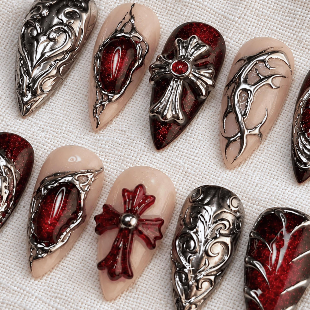Red Silver Chrome Press On Nails, 3D Goth Cross Nails, Handmade Dark Vampire Nails