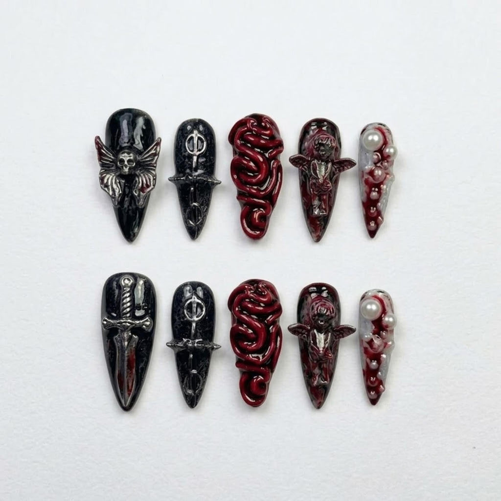 Handmade 3D Gothic Horror Press On Nails, Dagger Skull Dark Angel Red Tentacle Blood Pearl, Dark Fantasy Nail Art