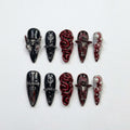 Handmade 3D Gothic Horror Press On Nails, Dagger Skull Dark Angel Red Tentacle Blood Pearl, Dark Fantasy Nail Art