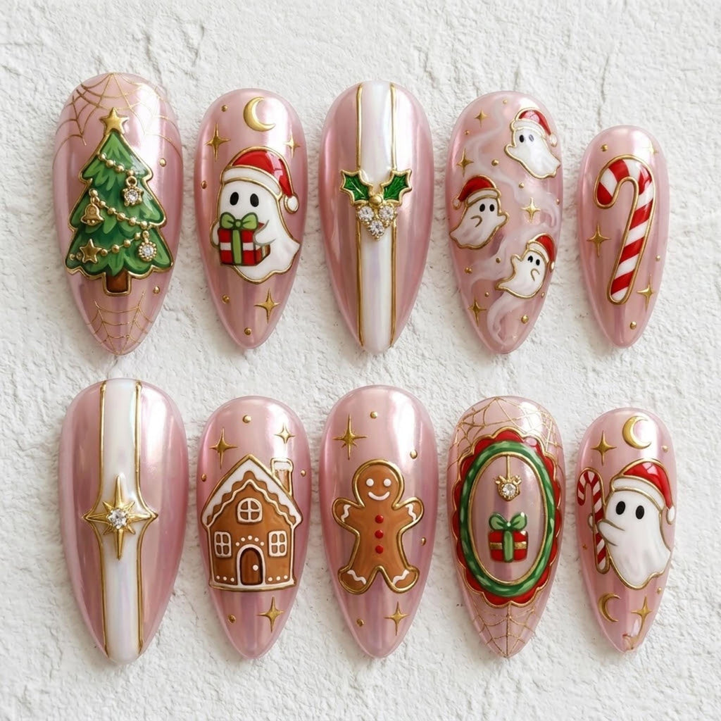 Handmade Pink Christmas Press On Nails, Cute Ghost Tree Gingerbread Candy Cane, Gold Accent Spooky Holiday Nail Art