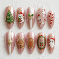 Handmade Pink Christmas Press On Nails, Cute Ghost Tree Gingerbread Candy Cane, Gold Accent Spooky Holiday Nail Art