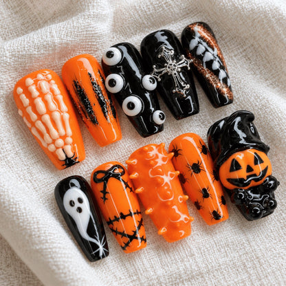 3D Pumpkin Halloween Press On Nails, Orange Black Ghost Spider Nails, Spooky Gothic Cosplay Nails