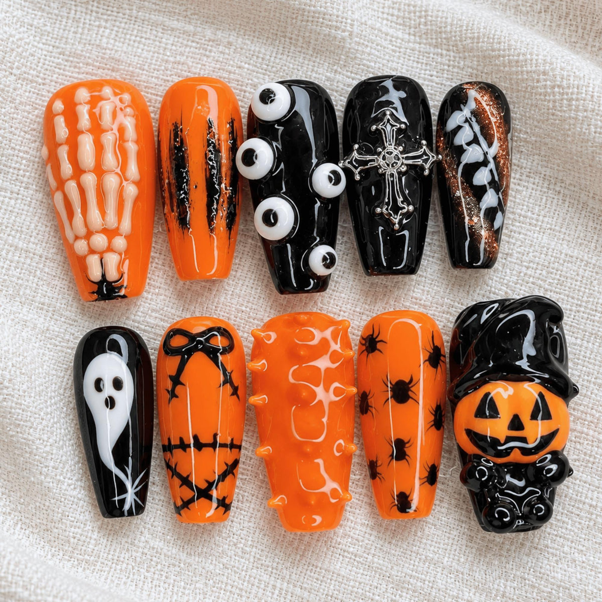 3D Pumpkin Halloween Press On Nails, Orange Black Ghost Spider Nails, Spooky Gothic Cosplay Nails