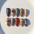 Medieval Byzantine Press On Nails, 3D Gold Cross Pomegranate Scarab Nail Art, Royal Blue Red Ornate Gothic Nails