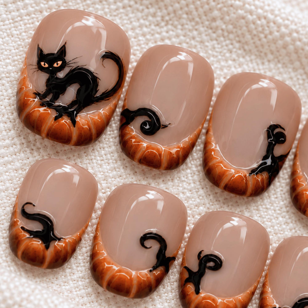 Black Cat Halloween Press On Nails, 3D Spooky Pumpkin Nail Art, Handmade Cute Short Nails