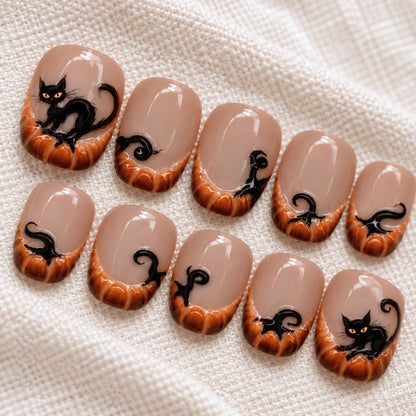 Black Cat Halloween Press On Nails, 3D Spooky Pumpkin Nail Art, Handmade Cute Short Nails