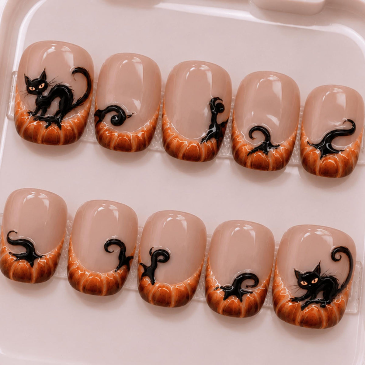 Black Cat Halloween Press On Nails, 3D Spooky Pumpkin Nail Art, Handmade Cute Short Nails