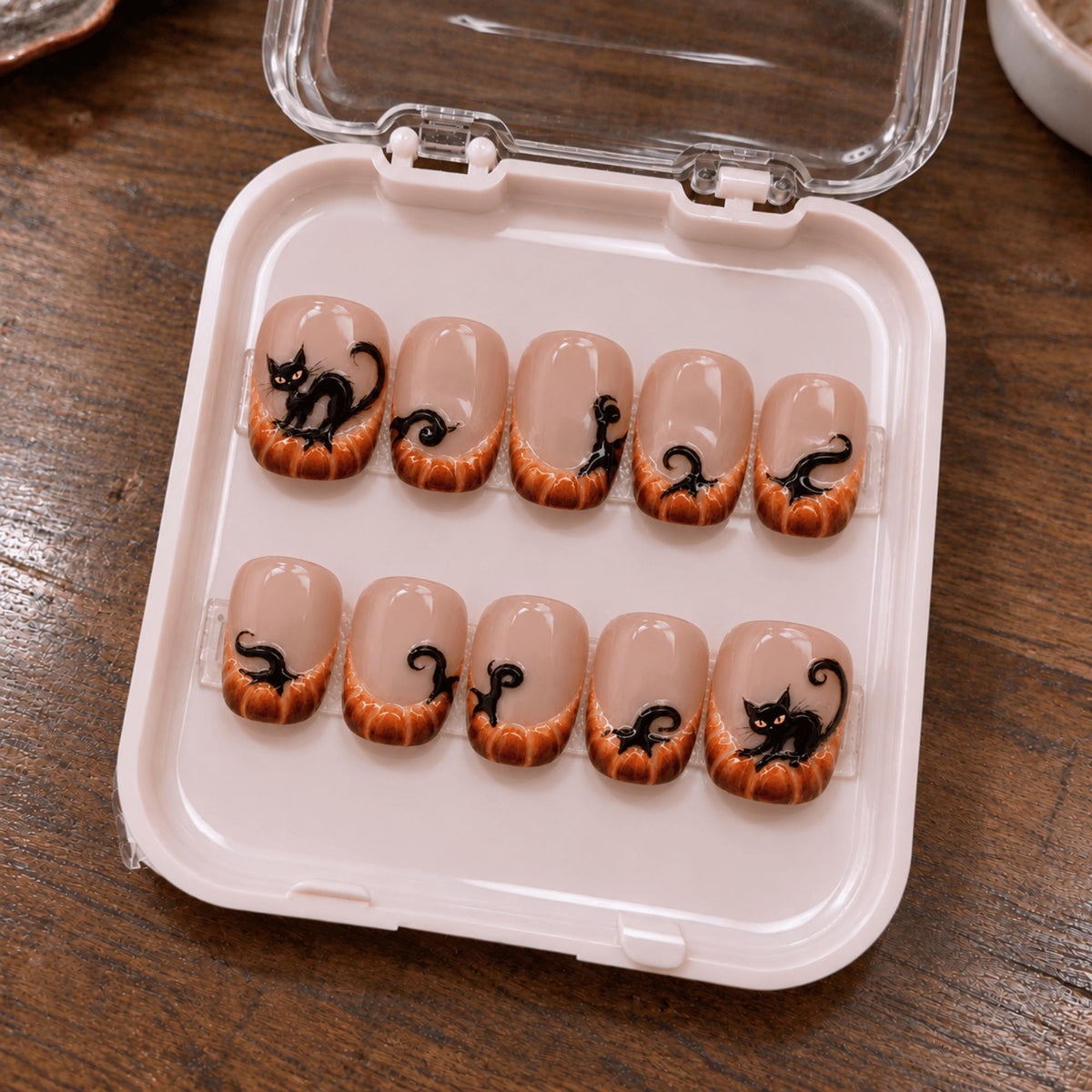 Black Cat Halloween Press On Nails, 3D Spooky Pumpkin Nail Art, Handmade Cute Short Nails