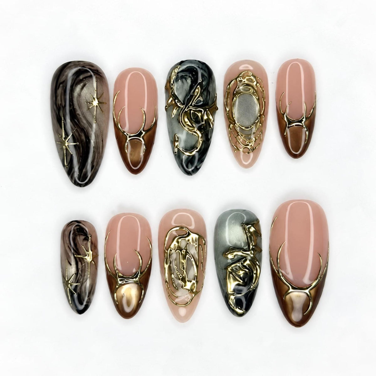 Fall Press On Nails, Brown Gold Nails, 3D Chrome Nails, Luxury Autumn Nail Set ,JB674WC