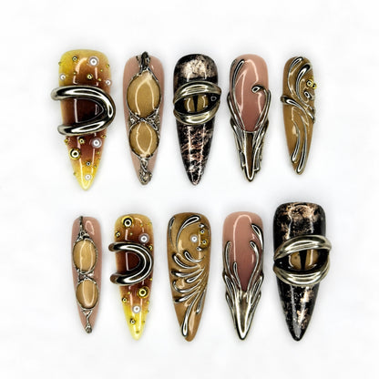 Jewelry Inspired Press On Nails, Antique Gold Silver 3D Nails, Vintage Metal Statement Nails, Luxury Abstract Nail Art, JB670UC