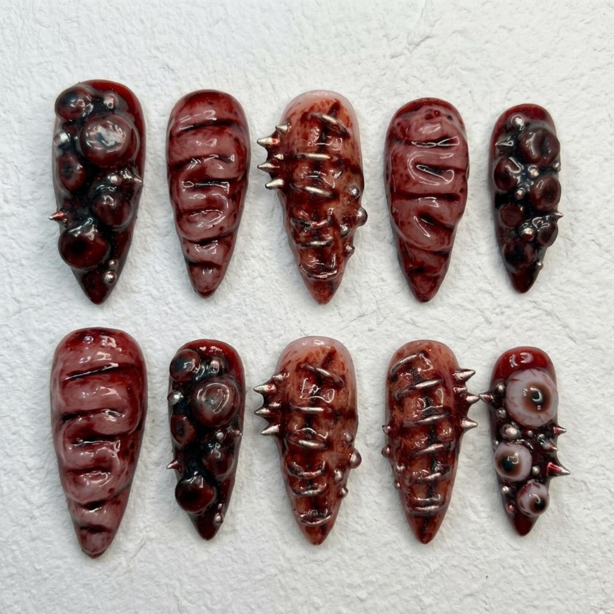 Handmade Gore Horror Press On Nails, 3D Eyeball Flesh Spike Monster Bloody Halloween Nail Art