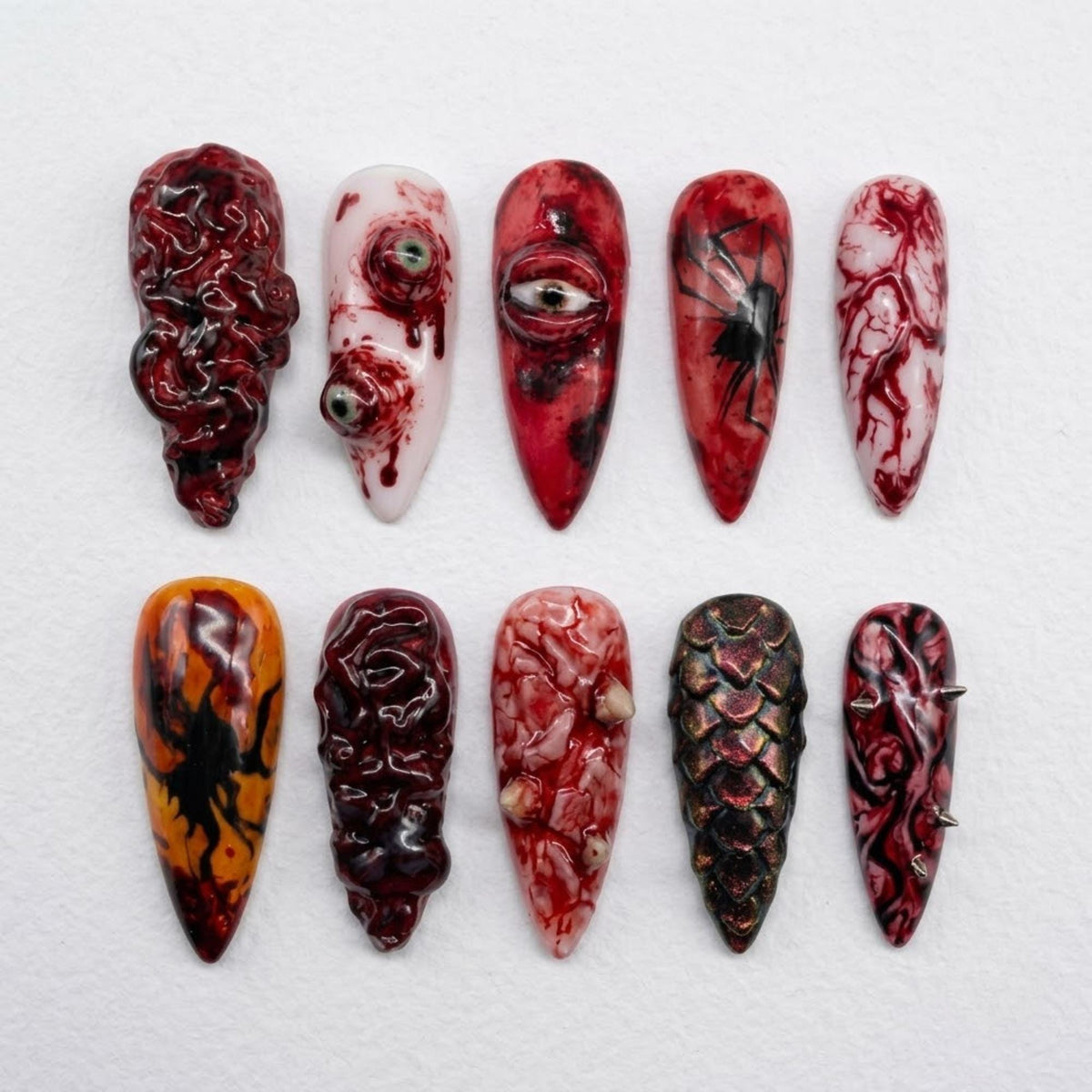 Handmade Gore Horror Press On Nails, 3D Brain Eyeball Spider Bloody Flesh Monster Halloween Nail Art