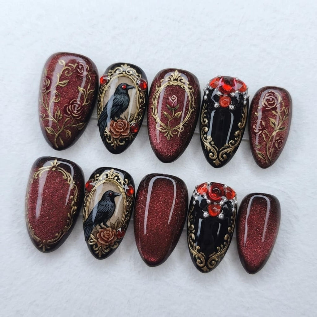 Black Gold Gothic Press On Nails, Raven Rose Baroque Halloween Nails, Luxury Witchy Haunted Mansion Nail Art