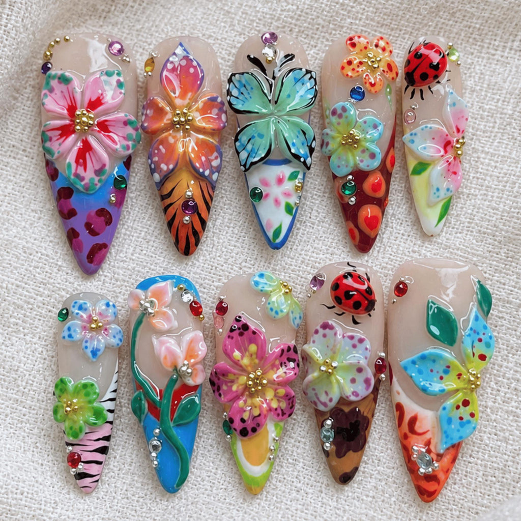 3D Flower Press On Nails, Colorful Butterfly Ladybug Garden Nails