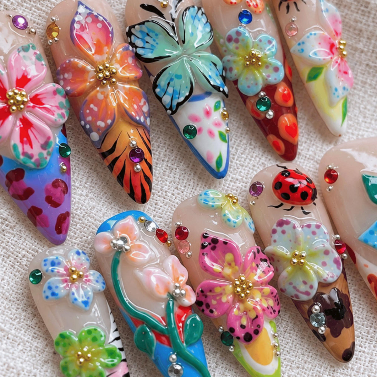 3D Flower Press On Nails, Colorful Butterfly Ladybug Garden Nails