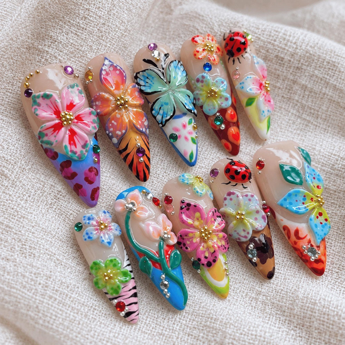 3D Flower Press On Nails, Colorful Butterfly Ladybug Garden Nails
